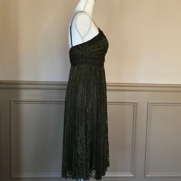 Sue Wong Olive Green Floral Crochet Lace Midi Dress Pleated 2 Formal - Picture 7 of 8